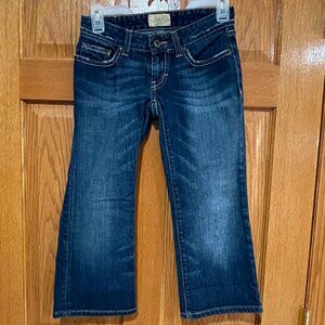 BKE Buckle Women's 24 Distressed Embroidered Blue Denim Stretch Capri Jeans EUC